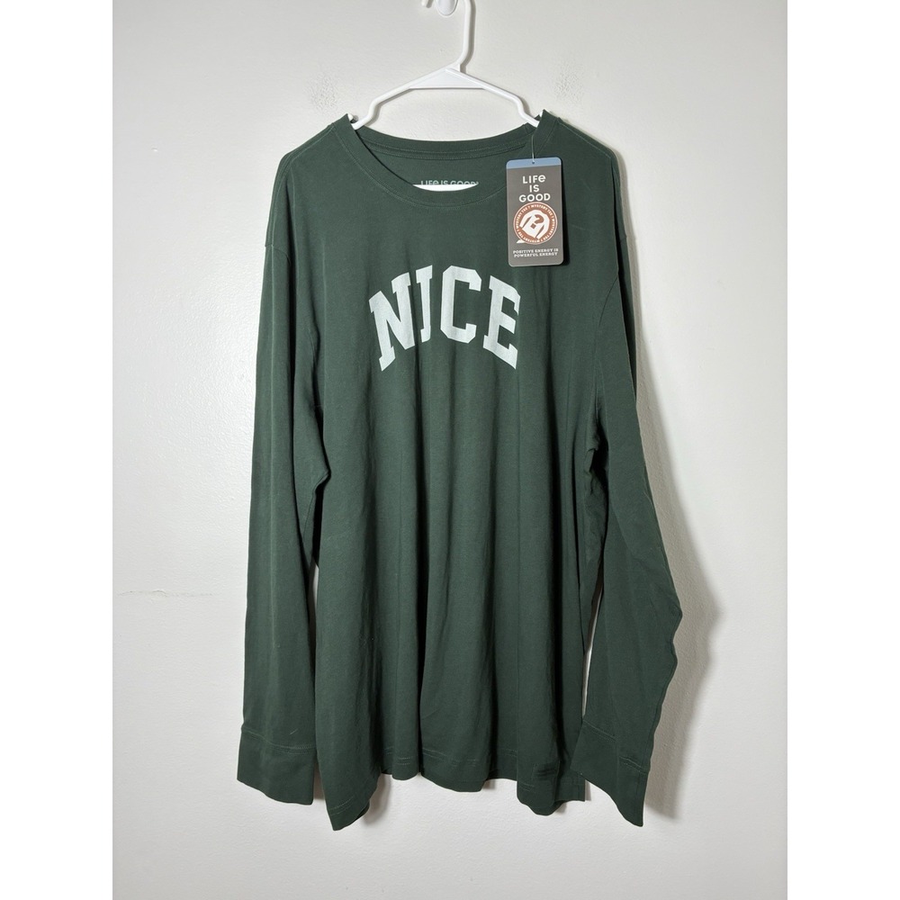 NEW! Life Is Good Crusher Long Sleeve Tee Men's 2XL Green "NICE" 100% Cotton